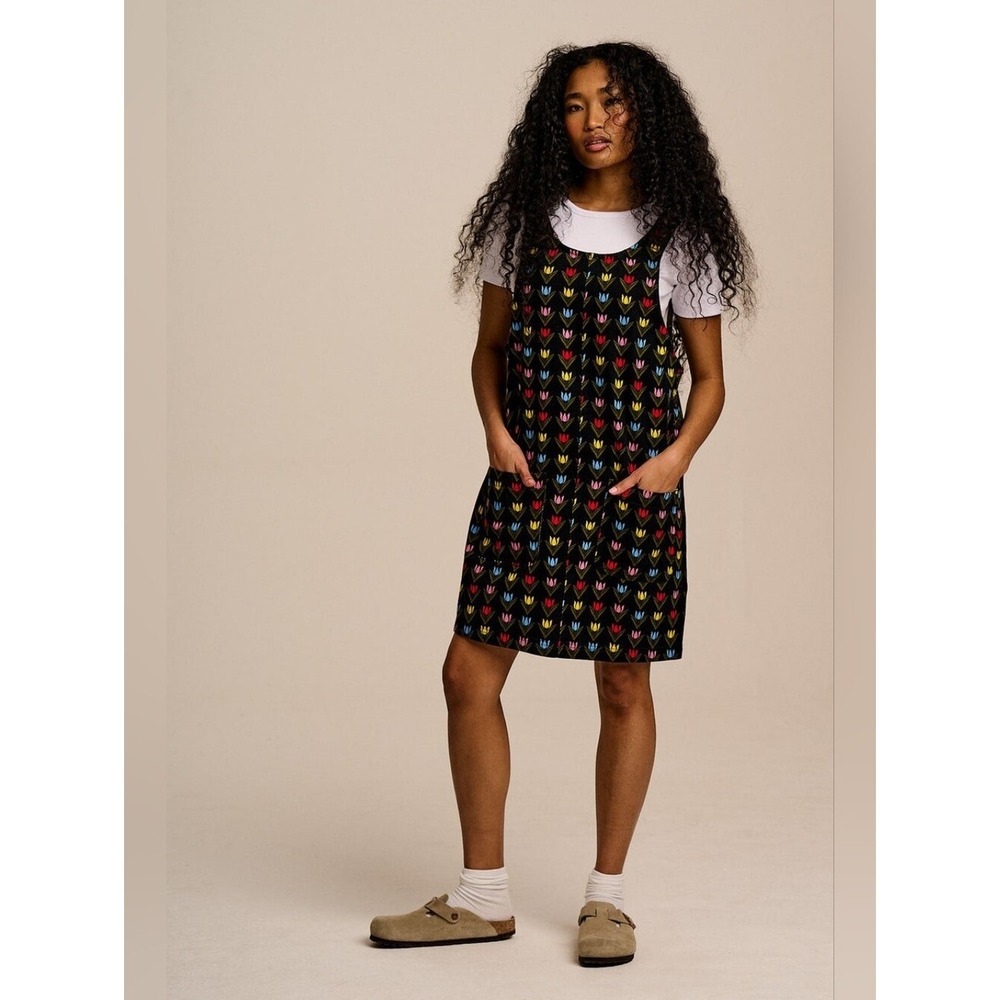 Lucy & Yak Black Tulip Print Pinafore Dress Organic Cotton Mini Plus Size 24